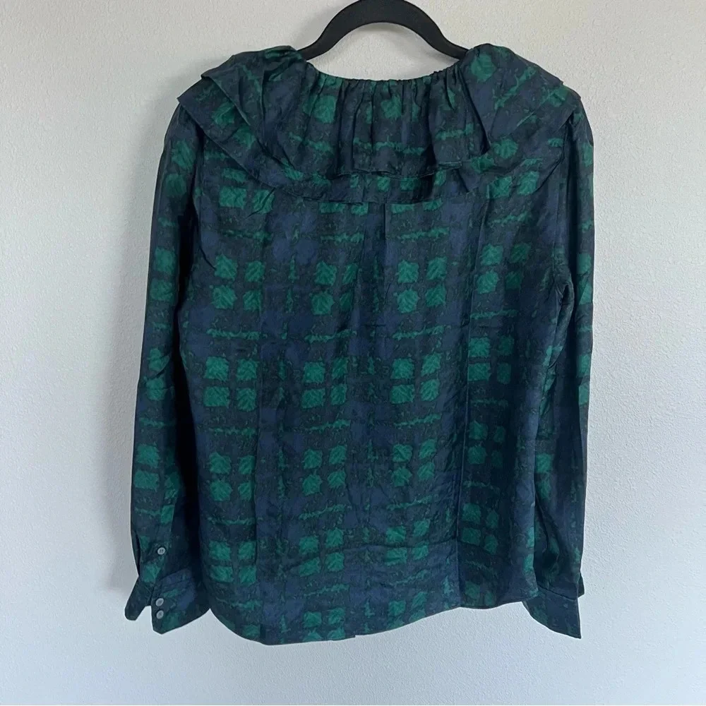 New J. Crew Collection Silk Twill Ruffle-collar Blouse Top Plaid Green Blue NWT